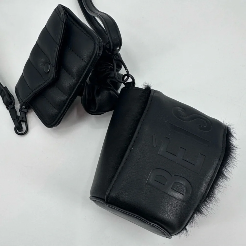 BEIS Black Travel‎ Drink Faux Fur Koozie Sling Bag Wallet Strap Accessory NWT